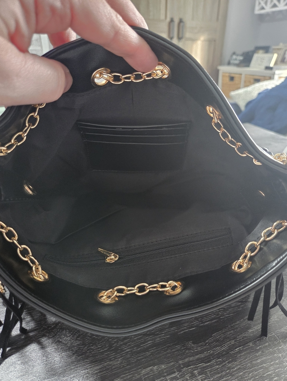 Black Shoulder Bag with Gold Chain Accent - Picture 3 of 3